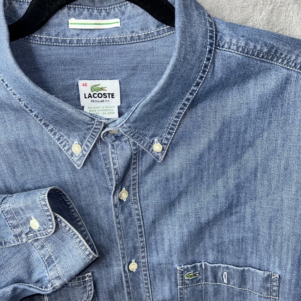 Lacoste Chambray Shirt Mens XL Blue Denim Button Down Long Sleeve Croc Logo 46